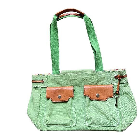Fossil Handbags - Fossil Mint Green Canvas Tote Bag Brown Leather Accents Key Striped Lining 75082